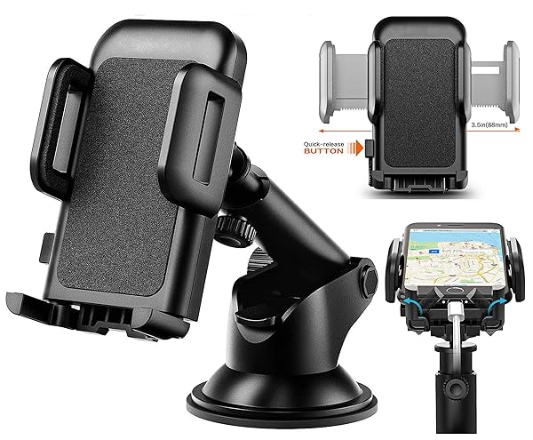Pokanic Car Cell Phone Mount Adjustable 360 Rotation Stand Holder Three-Side Grips Design One Touch Clamp Compatible with iPhone Galaxy Note Pixel Universal (Dashboard Mount)