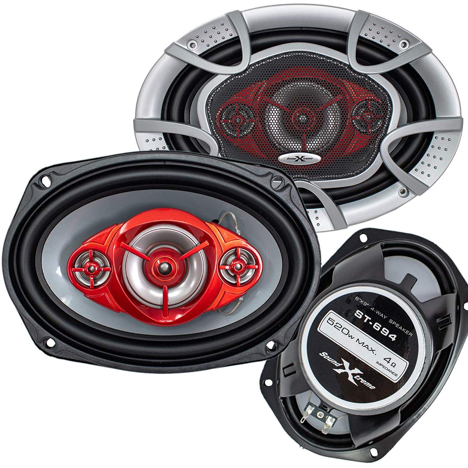 SoundXtreme 6x9 520 Watt 4-Way Red Car Audio Stereo Coaxial Speakers ST694 Pair of 2 Speakers