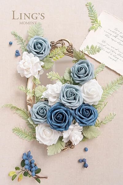 Ling's moment Ling's Moment Faux Flowers Box with Foam Roses and Silk Greenery for Wedding Decor Centerpieces in Dusty Blue Navy and White - View 6 of 7