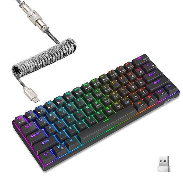 RK ROYAL KLUDGE RK ROYAL KLUDGE RK61: 60% RGB Mechanical Keyboard - Wireless/Bluetooth, Hot Swappable Brown Switches, Coiled Cable - Gaming Essential