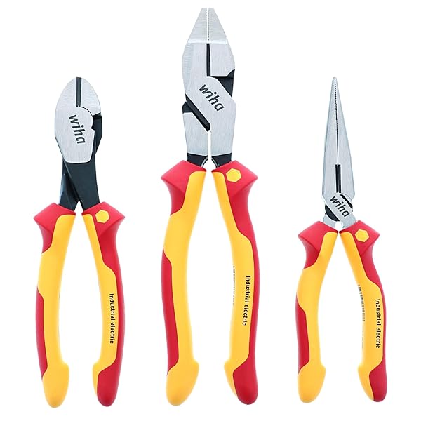 Wiha Wiha 32968 3 Piece Insulated Industrial Grip Pliers and Cutters Set Red for Safe Electrical Work