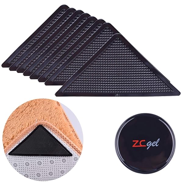 ZC GEL ZC GEL 8 Pcs Rug Tape for Hardwood Floors No Damage Reusable Washable Non Slip Grippers for Area Rugs and Carpet Pads Black