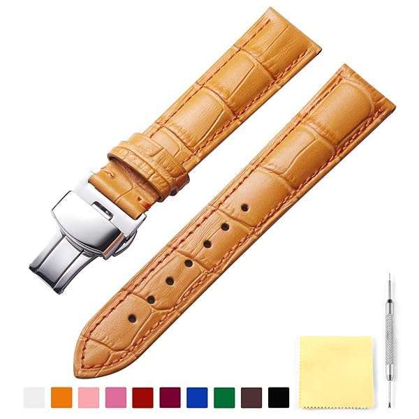 BINLUN BINLUN Quick Release Leather Watch Strap with Silver Buckle - 18mm Orange Band for Men & Women - View 4 of 10