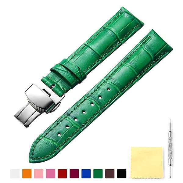 BINLUN BINLUN Green Leather Watch Strap with Quick Release & Silver Buckle - 20mm for Men & Women - View 4 of 11
