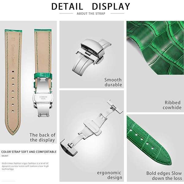 BINLUN BINLUN Green Leather Watch Strap with Quick Release & Silver Buckle - 20mm for Men & Women - View 8 of 11