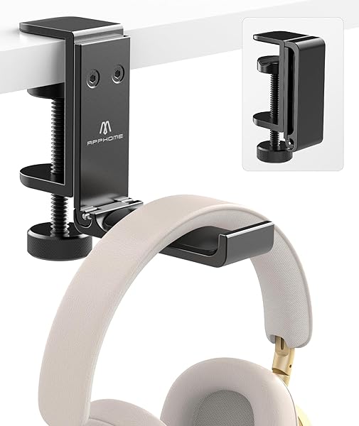 APPHOME APPHOME Foldable Headphone Stand: Space-Saving Aluminum Hanger for Gaming & PC Accessories - Under Desk Clamp Hook (Black) - View 3 of 10