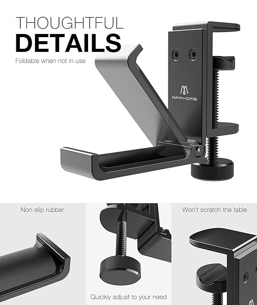 APPHOME APPHOME Foldable Headphone Stand: Space-Saving Aluminum Hanger for Gaming & PC Accessories - Under Desk Clamp Hook (Black) - View 5 of 10