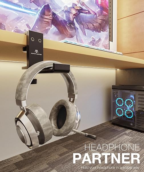 APPHOME APPHOME Foldable Headphone Stand: Space-Saving Aluminum Hanger for Gaming & PC Accessories - Under Desk Clamp Hook (Black) - View 10 of 10