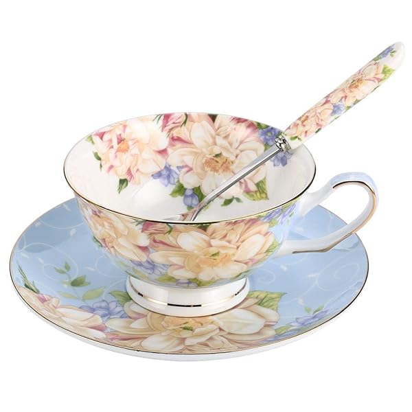 JinGlory JinGlory Floral Blue Tea Cup & Saucer Set - Elegant Bone China Tea & Coffee Set for Adults, Perfect Gift for Friends & Family