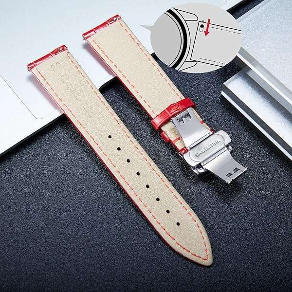 BINLUN BINLUN Red Leather Watch Strap with Quick Release & Silver Buckle - 18mm for Men & Women - View 3 of 6