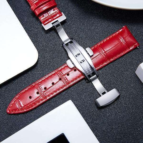 BINLUN BINLUN Red Leather Watch Strap with Quick Release & Silver Buckle - 18mm for Men & Women - View 4 of 6