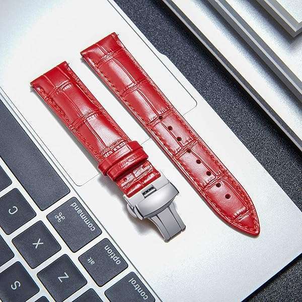 BINLUN BINLUN 22mm Leather Watch Strap with Quick Release & Silver Buckle - Stylish Band for Men & Women in Red - View 4 of 8