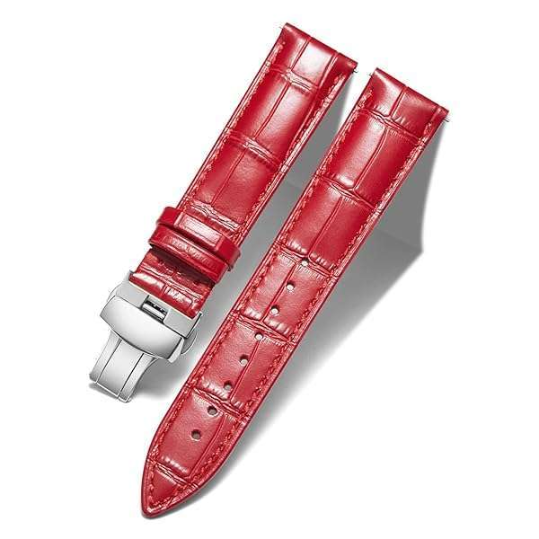 BINLUN BINLUN 22mm Leather Watch Strap with Quick Release & Silver Buckle - Stylish Band for Men & Women in Red - View 2 of 8