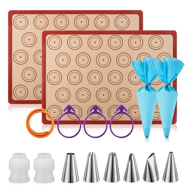 Angadona Angadona Macaron Silicone Baking Mats Kit 16pcs Nonstick Mat Set with Piping Tips Bags and Couplers for Perfect Macarons
