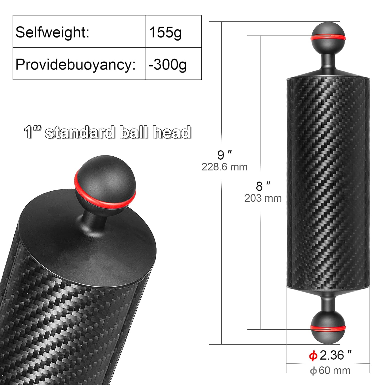 MINIFOCUS MINIFOCUS 2PCS Carbon Fiber Underwater Float Arm 8 Inch Dual Ball Buoyancy System for Diving Tray Video Light Strobe - View 3 of 7