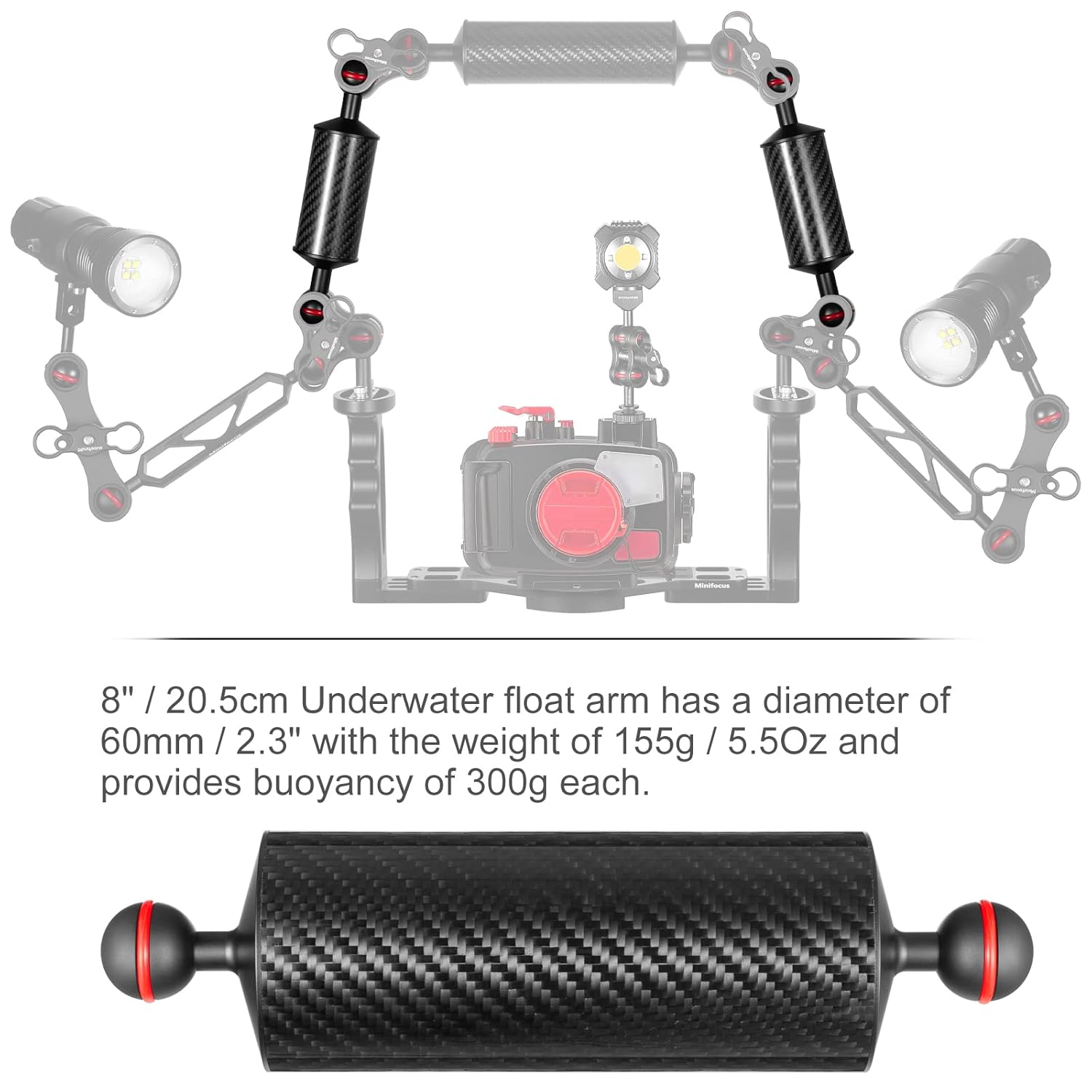 MINIFOCUS MINIFOCUS 2PCS Carbon Fiber Underwater Float Arm 8 Inch Dual Ball Buoyancy System for Diving Tray Video Light Strobe - View 5 of 7