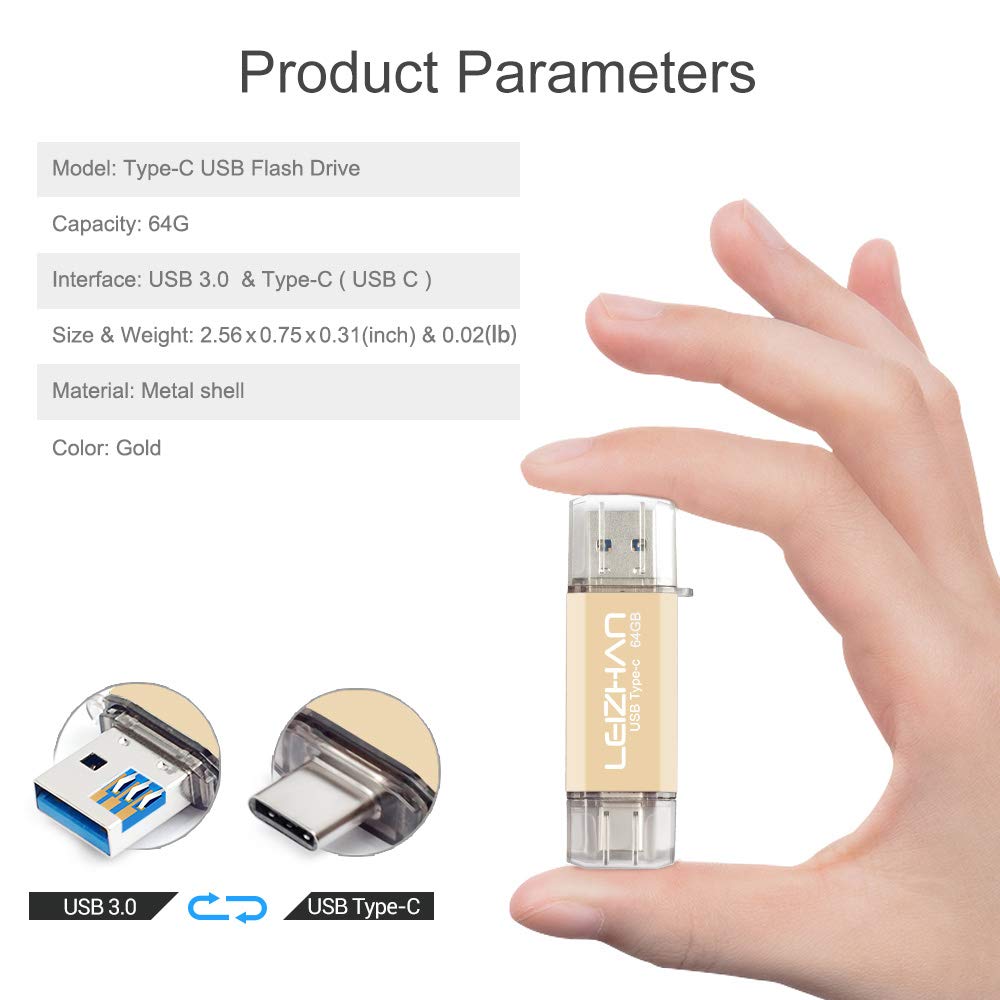 Leizhan 64GB USB Flash Drive 2 in 1 Type-C USB Memory Stick with Adapters for Most Devices Gold - View 4 of 7