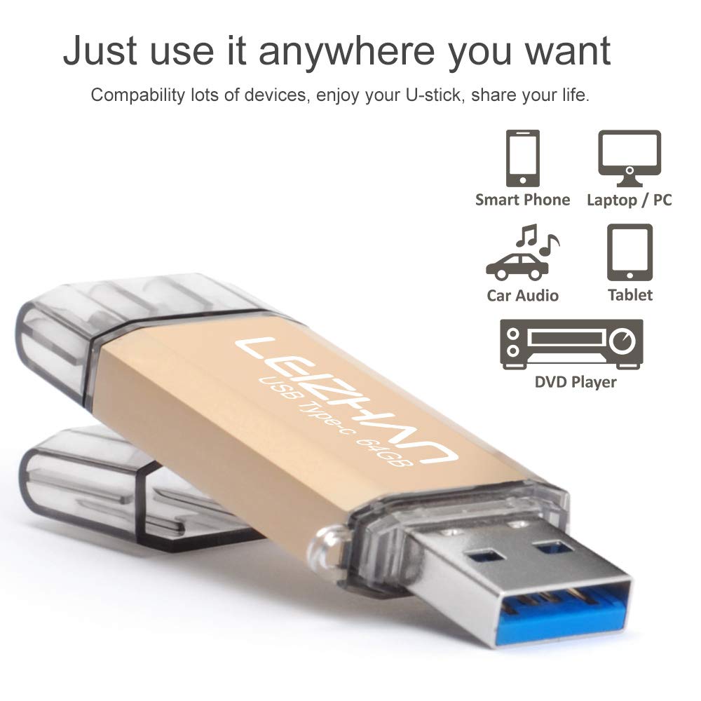 Leizhan 64GB USB Flash Drive 2 in 1 Type-C USB Memory Stick with Adapters for Most Devices Gold - View 6 of 7