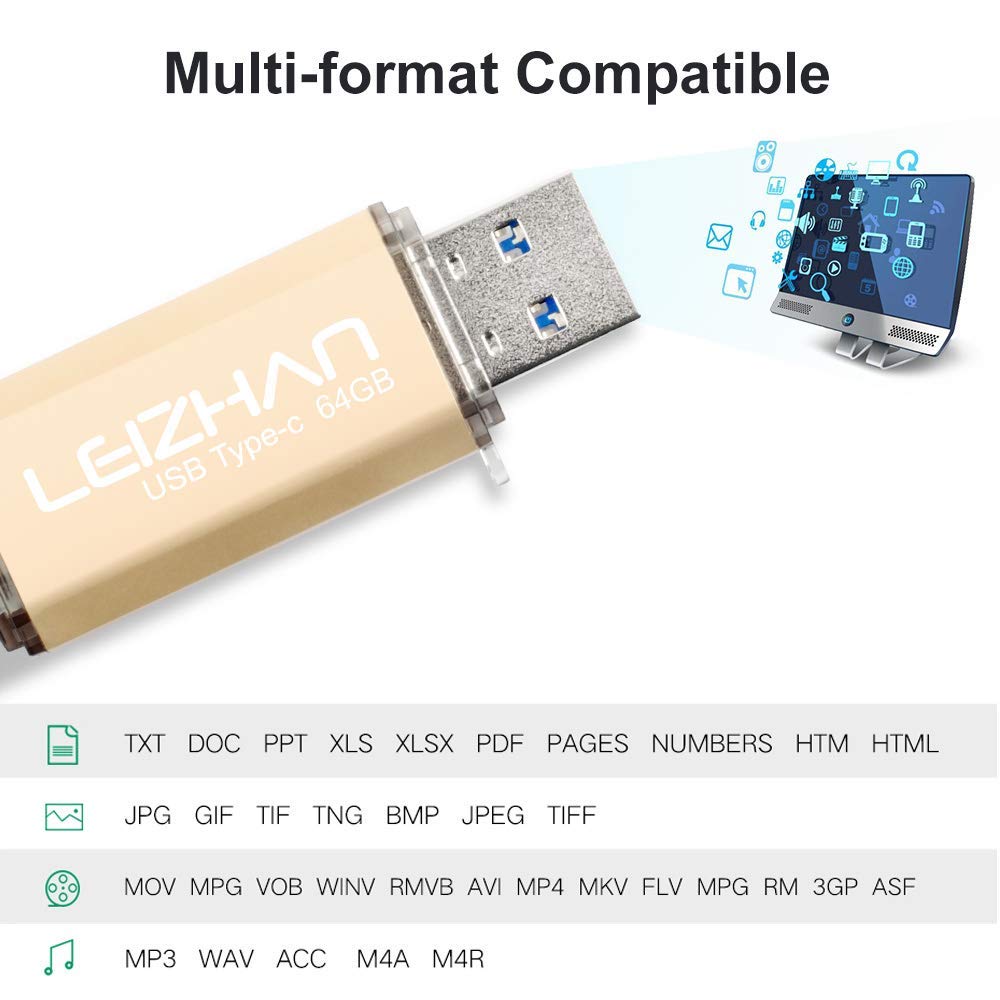Leizhan 64GB USB Flash Drive 2 in 1 Type-C USB Memory Stick with Adapters for Most Devices Gold - View 7 of 7