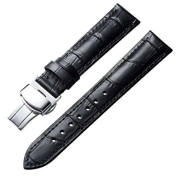 BINLUN Leather Quick Release Watch Strap with Silver Buckle - 12mm to 24mm Sizes for Men & Women (Black, 22mm)