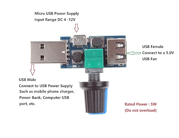 NOYITO NOYITO 5V USB Fan Speed Controller Regulator - Stepless Control, Pack of 2 for DC 4-12V to 2.5-8V, 5W Efficiency - View 3 of 6