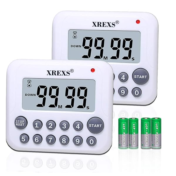XREXS XREXS Digital Kitchen Timer Magnetic Countdown Clock with Loud Alarm Large Display 2 Pcs Battery Included White