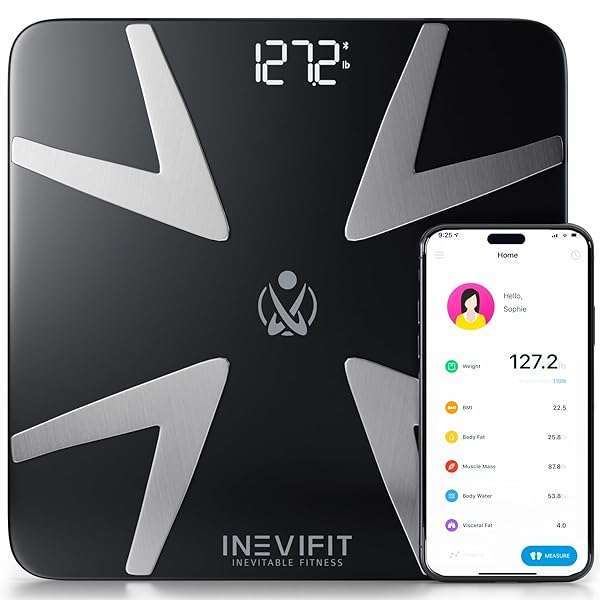 INEVIFIT INEVIFIT SMART BODY FAT SCALE, Highly Accurate Bluetooth Digital Bathroom Body Composition Analyzer, Measures Weight, Body Fat, Water, Muscle, BMI, Visceral Fat & Bone Mass for Unlimited Users