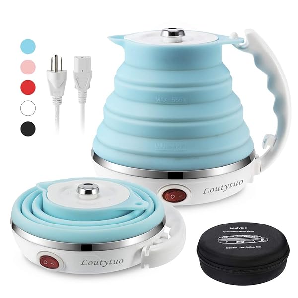 LOUTYTUO Ultrathin Portable Electric Kettle: Food-Grade Silicone, Dual Voltage, 555ML, Foldable & Safe Boil Dry Protection