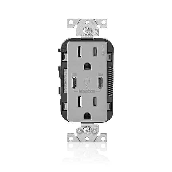 Leviton Leviton T5635-G USB Dual Type-C In-Wall Charger with 15A Outlet - Fast Charging for Smartphones & Laptops
