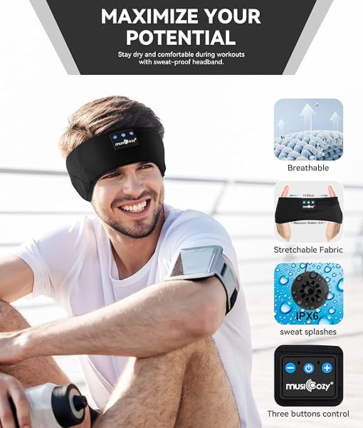 MUSICOZY MUSICOZY Sleep Headphones Headband, Wireless Earbuds Earphones Sweat Resistant with Ultra-Thin HD Stereo Speaker, Bluetooth 5.2 for Workout Running Cool Gadgets Unique Gifts - View 4 of 7