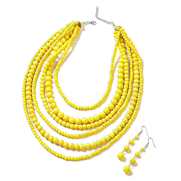 SHOP LC DELIVERING JOY Yellow Howlite Beaded Earrings and Chunky Bib Necklace Jewelry Set for Women Birthday Gifts Size 18 to 20 Inches