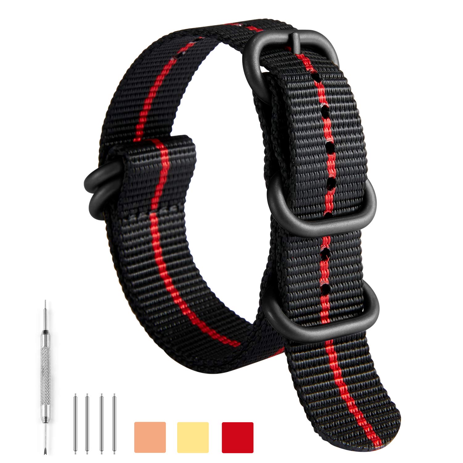 BINLUN BINLUN Thick Nylon Watch Strap Replacement Bands for Men 18mm 20mm 22mm 24mm Military Heavy Duty with Silver Black Buckle - View 2 of 9