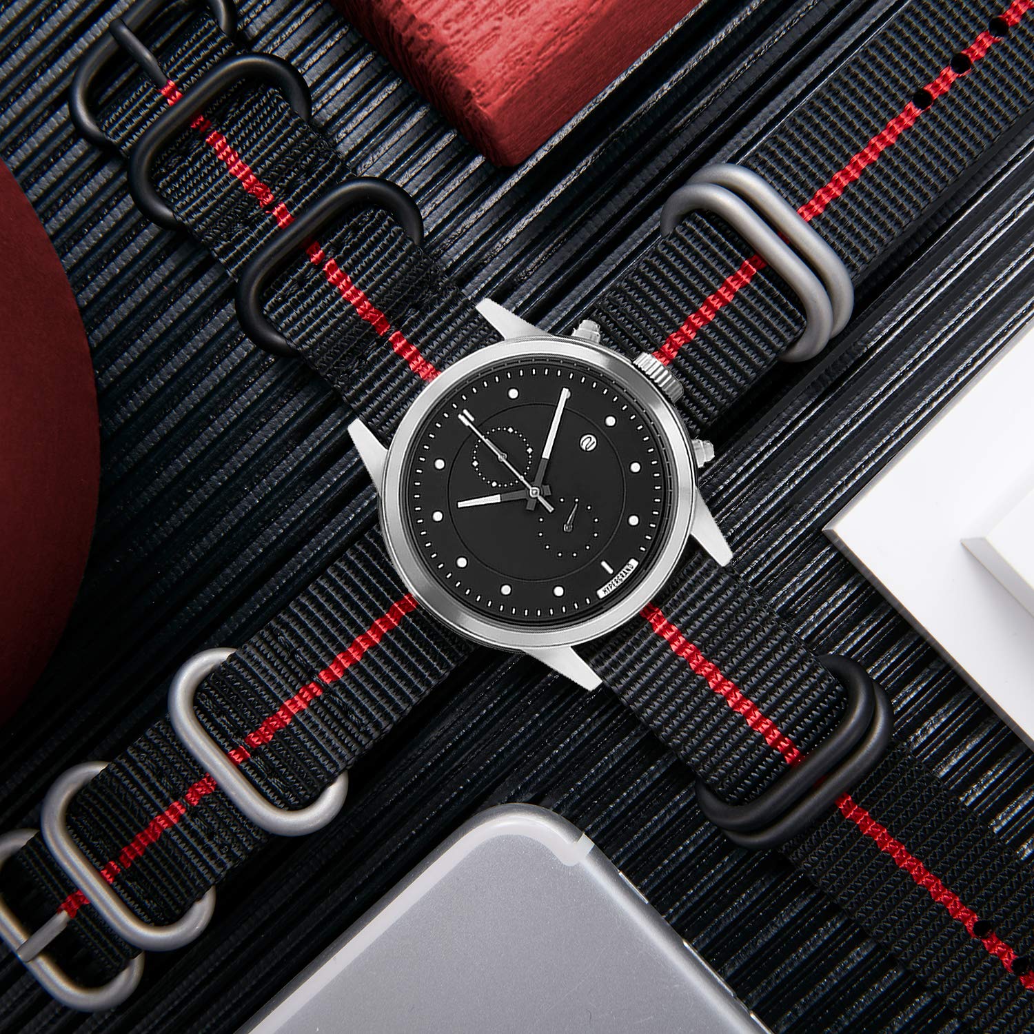 BINLUN BINLUN Thick Nylon Watch Strap Replacement Bands for Men 18mm 20mm 22mm 24mm Military Heavy Duty with Silver Black Buckle - View 5 of 9