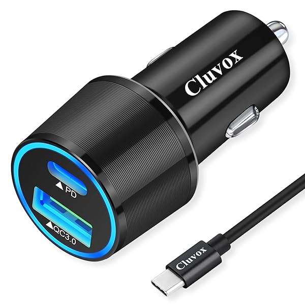 Cluvox Rapid Type C Car Charger for Google Pixel and Samsung Note Fast USB C PD Adapter with 3ft Cable 18W Power Delivery Quick Charge Black