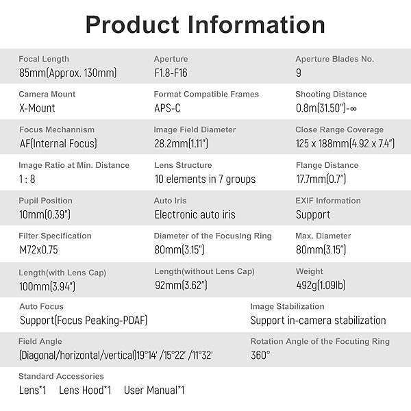 VILTROX VILTROX 85mm f1.8 Mark II Lens for Fuji X Mount: Perfect AF Portrait Lens for X-T3, X-T2, X-T30 & More - View 11 of 11