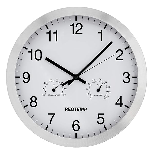 REOTEMP REOTEMP 12 Inch Brushed Aluminum Wall Clock with Temperature and Humidity Display for Home and Office Decor