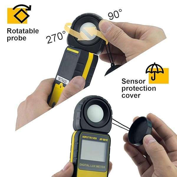 AOPUTTRIVER AP-881E Light Meter: Accurate Lux & FC Measurement for LED Grow Lights - 0.01 to 300,000 Lux, MAX/MIN, Data Hold, Rotated Sensor - View 5 of 8