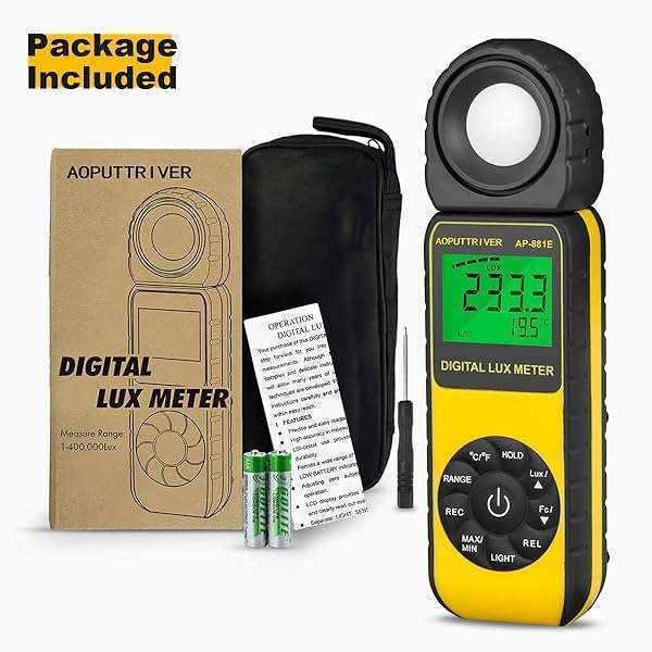 AOPUTTRIVER AP-881E Light Meter: Accurate Lux & FC Measurement for LED Grow Lights - 0.01 to 300,000 Lux, MAX/MIN, Data Hold, Rotated Sensor - View 8 of 8