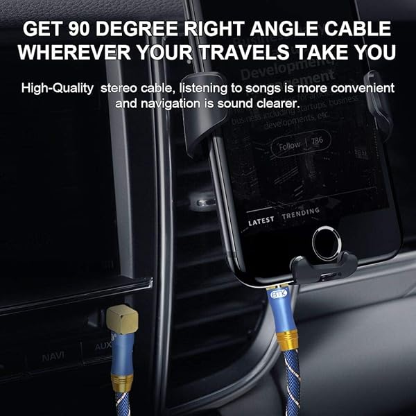 EMK 90 Degree Right Angle Aux Cable - [24K Gold-Plated,Sound Quality]EMK Audio Stereo Male to Male Cable for Laptop, Tablets, MP3 Players,Car/Home Aux Stereo, Speaker or More (16Ft/5Meters) - View 3 of 7