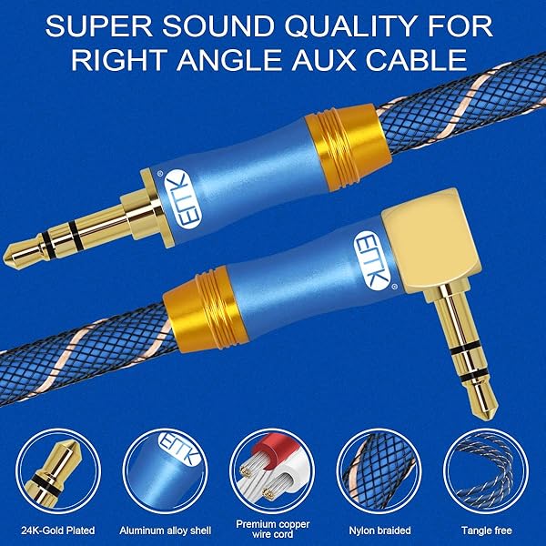 EMK 90 Degree Right Angle Aux Cable - [24K Gold-Plated,Sound Quality]EMK Audio Stereo Male to Male Cable for Laptop, Tablets, MP3 Players,Car/Home Aux Stereo, Speaker or More (16Ft/5Meters) - View 5 of 7