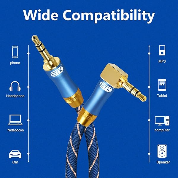 EMK 90 Degree Right Angle Aux Cable - [24K Gold-Plated,Sound Quality]EMK Audio Stereo Male to Male Cable for Laptop, Tablets, MP3 Players,Car/Home Aux Stereo, Speaker or More (16Ft/5Meters) - View 6 of 7
