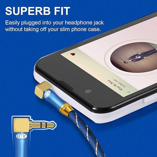 EMK 90 Degree Right Angle Aux Cable - [24K Gold-Plated,Sound Quality]EMK Audio Stereo Male to Male Cable for Laptop, Tablets, MP3 Players,Car/Home Aux Stereo, Speaker or More (16Ft/5Meters) - View 7 of 7