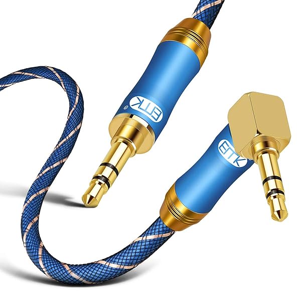 EMK 90 Degree Right Angle Aux Cable - [24K Gold-Plated,Sound Quality]EMK Audio Stereo Male to Male Cable for Laptop, Tablets, MP3 Players,Car/Home Aux Stereo, Speaker or More (16Ft/5Meters) - View 2 of 7