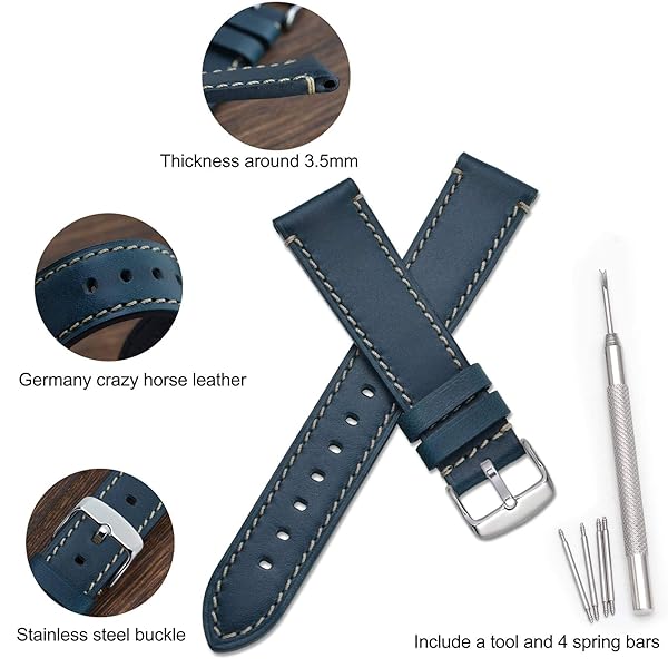 WOCCI WOCCI 22mm Leather Replacement Watch Band for Men Midnight Blue Business Style with Silver Buckle - View 4 of 9