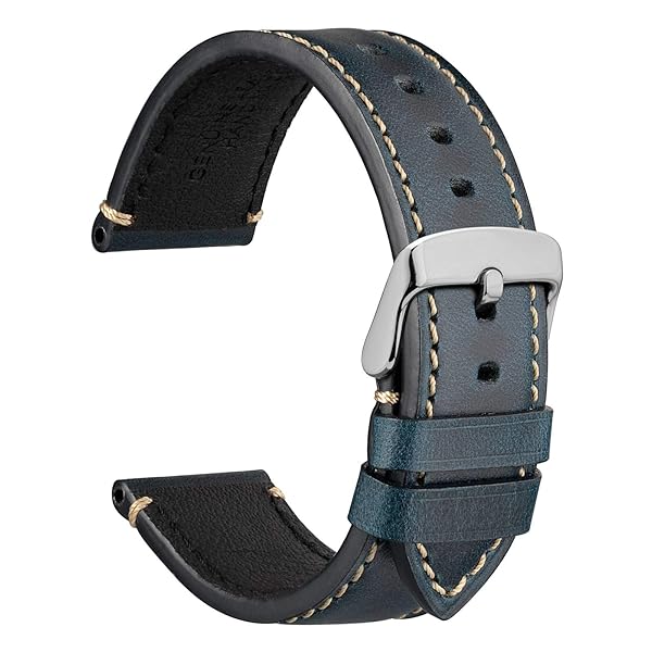 WOCCI WOCCI 22mm Leather Replacement Watch Band for Men Midnight Blue Business Style with Silver Buckle