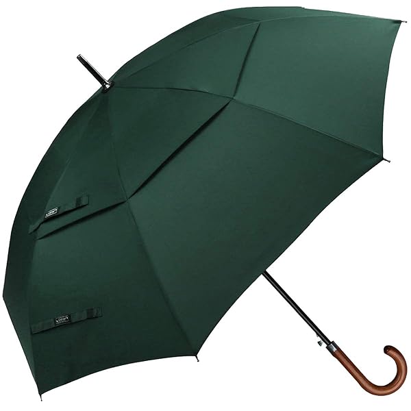 G4Free 52 Inch Wooden J Handle Golf Umbrella Windproof Auto Open Double Canopy Rainproof for Men Women Dark Green