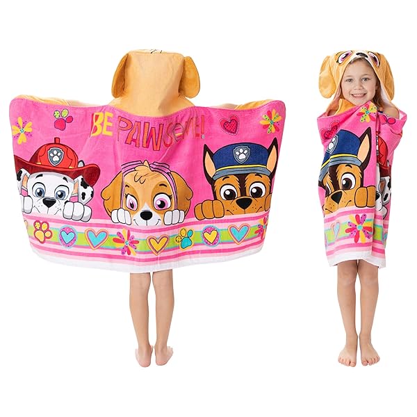 Franco "Franco Paw Patrol Pink Hooded Towel Wrap for Kids - Soft Cotton Terry, 24" x 50" for Bath, Pool & Beach Fun!"