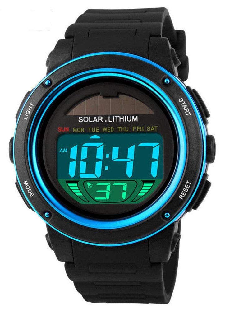 Black Solar Energy Multi Function Digital Watch Waterproof Alarm Outdoor Sport Electronic Quartz Watch in Blue