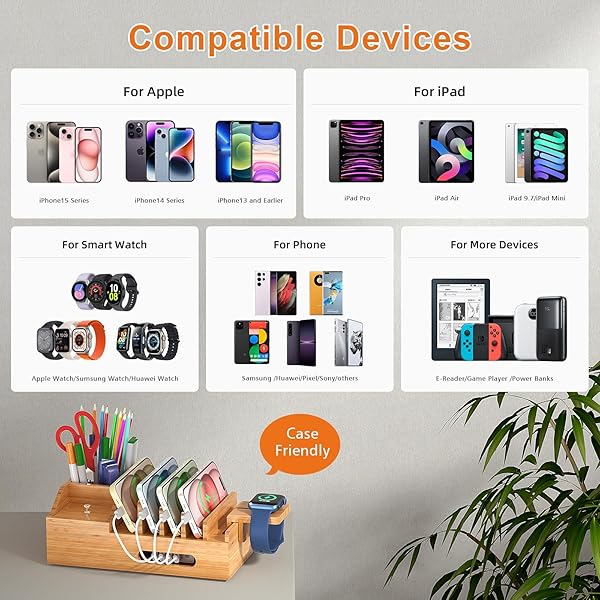 Pezin & Hulin Multi-Device Bamboo Charging Station: 5-Port USB Dock with Cables & Smart Watch Stand for Office Organization - View 3 of 10