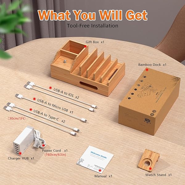 Pezin & Hulin Multi-Device Bamboo Charging Station: 5-Port USB Dock with Cables & Smart Watch Stand for Office Organization - View 4 of 10